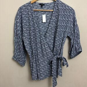 NWT Talbots Navy White Print 3/4 Sleeves Wrap Blouse size S Business Casual